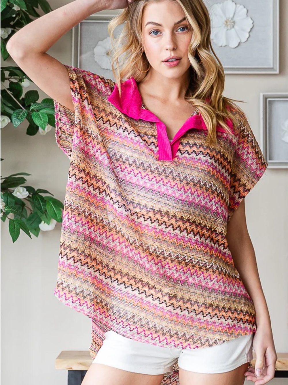 Oli & Hali Pink Multicolor Zigzag Knit Top